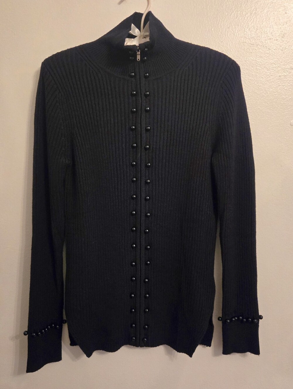 Sandro Paris Lina Black Ribbed Zip Up Cardigan Bead Accents Women Small